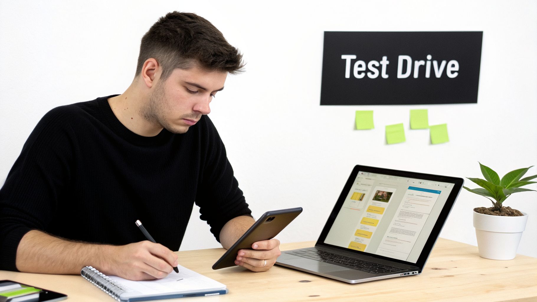 A young man works diligently at a desk, using a laptop, tablet, and writing in a notebook.