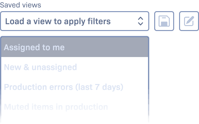The Saved Views selector on Rollbar's Item List screen UI.