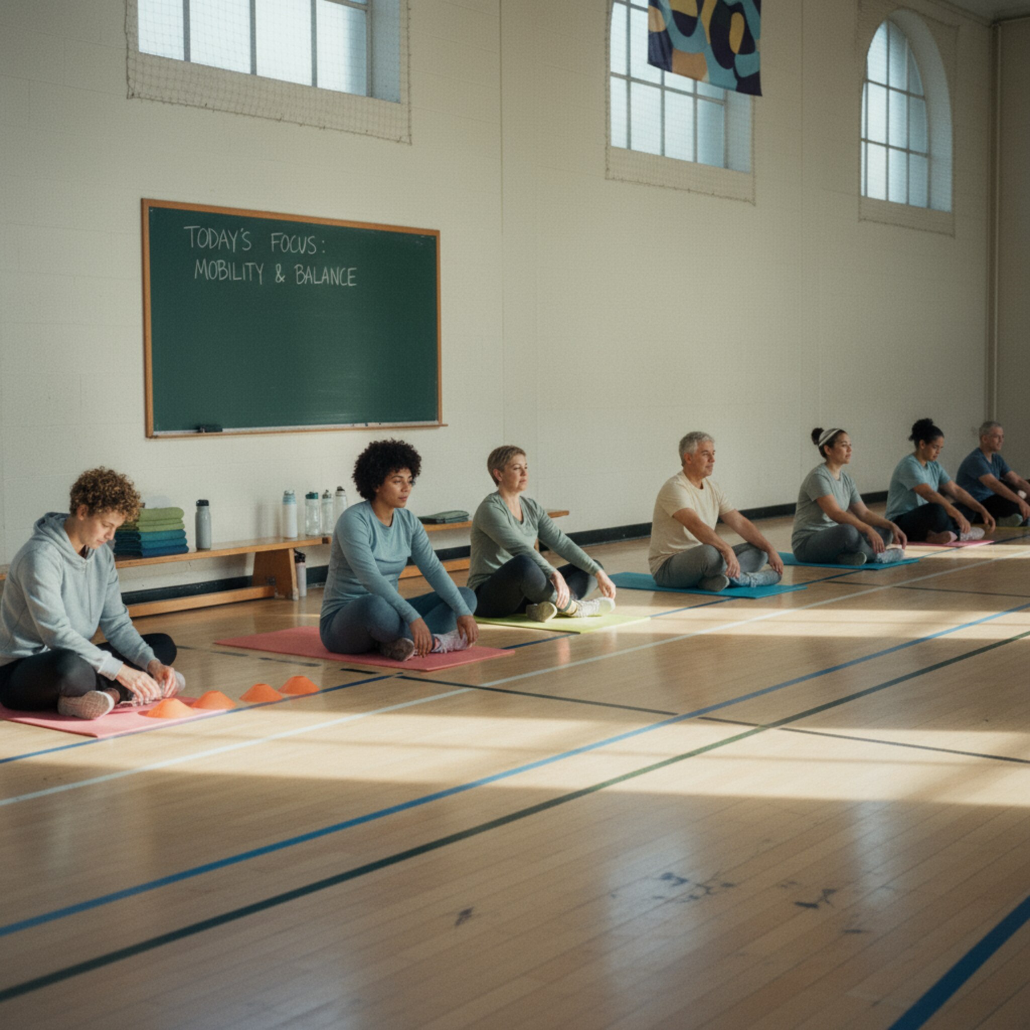 Eine Sporthalle ist in ruhiges Morgenlicht getaucht. Auf markierten Linien sitzen Teilnehmende auf Matten und dehnen, der Trainer ordnet Hütchen neben einer Bank. Eine Tafel zeigt den Trainingsfokus des Tages ohne Ablenkung. Trinkflaschen stehen in einer Reihe, die Atmosphäre wirkt konzentriert und freundlich.