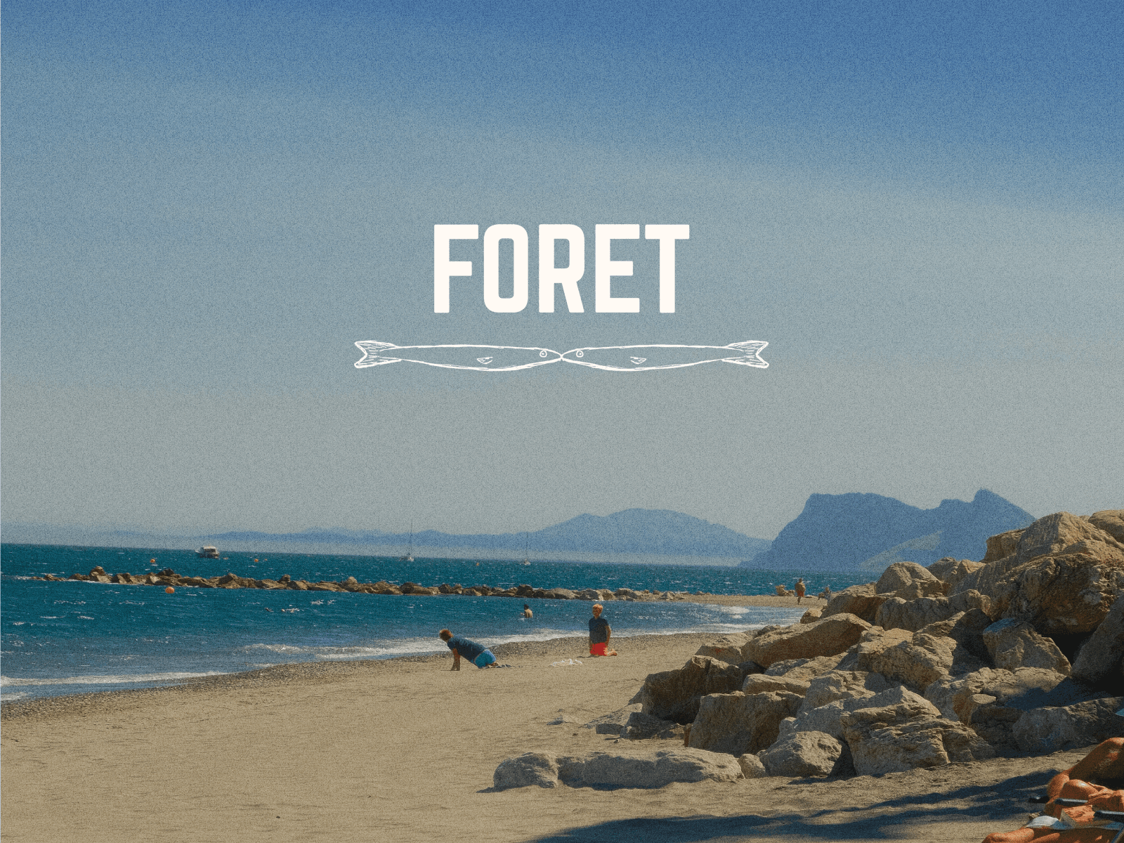 a rocky beach scene with a hazy sky. The foret destinations kissing fish logo is overlaid in the sky