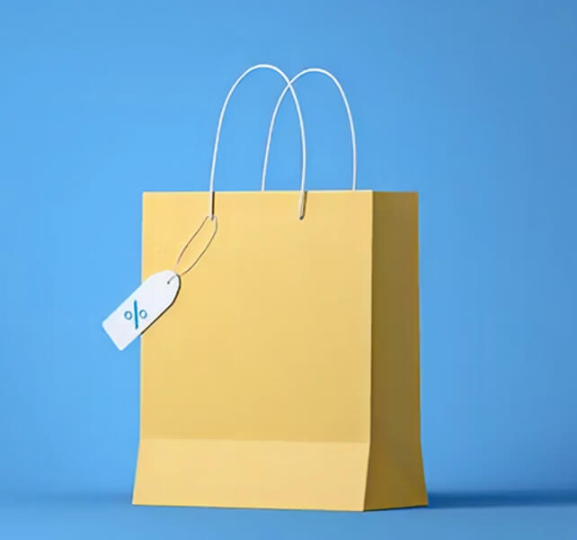 Brown shopping bag illustration on a blue background, symbolizing Digital Factory’s e-commerce success solutions.
