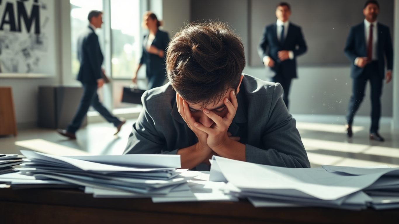 Person struggling at desk, successful peers blurred in background.