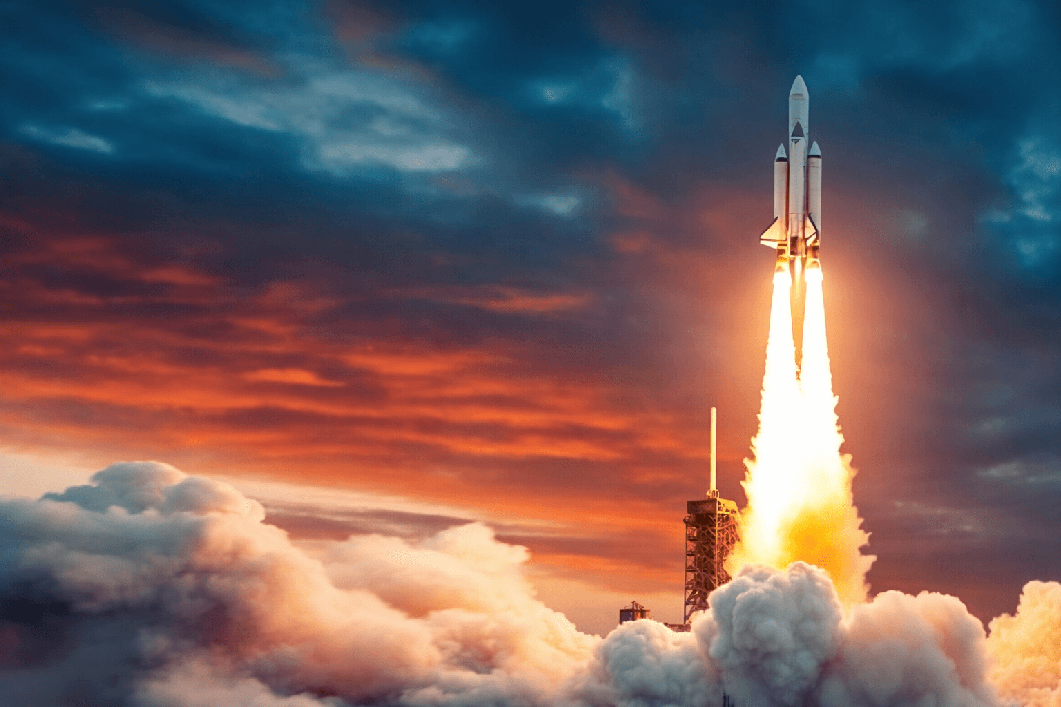 Exploring the Soundscape of Rocket Launches. A rocket launches into a dramatic sky with clouds and vibrant colours.
