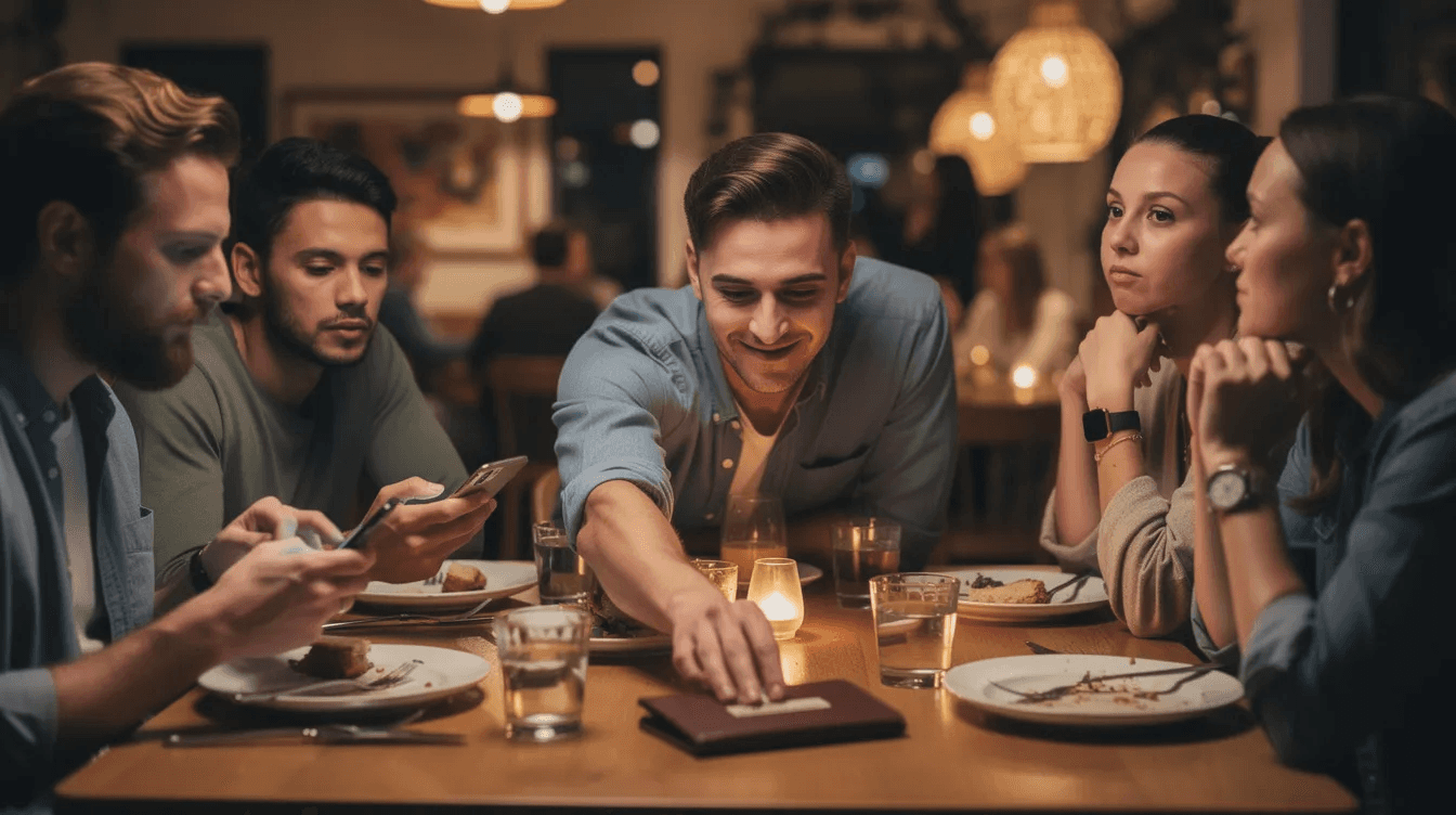 A group of friends sits around a dinner table, with one person reaching for the bill while the others look away, reflecting the emotional impact of sudden wealth on friendships. The moment captures the tension and anxiety that can arise when financial differences affect relationships, highlighting the wealth gap and the responsibility that comes with good fortune.