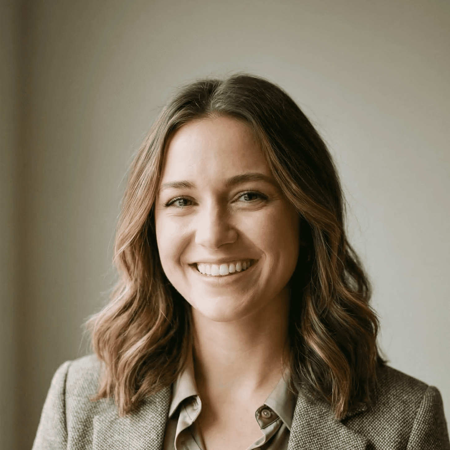 Smiling woman with wavy brown hair wearing a blazer, professional headshot against a neutral wall.