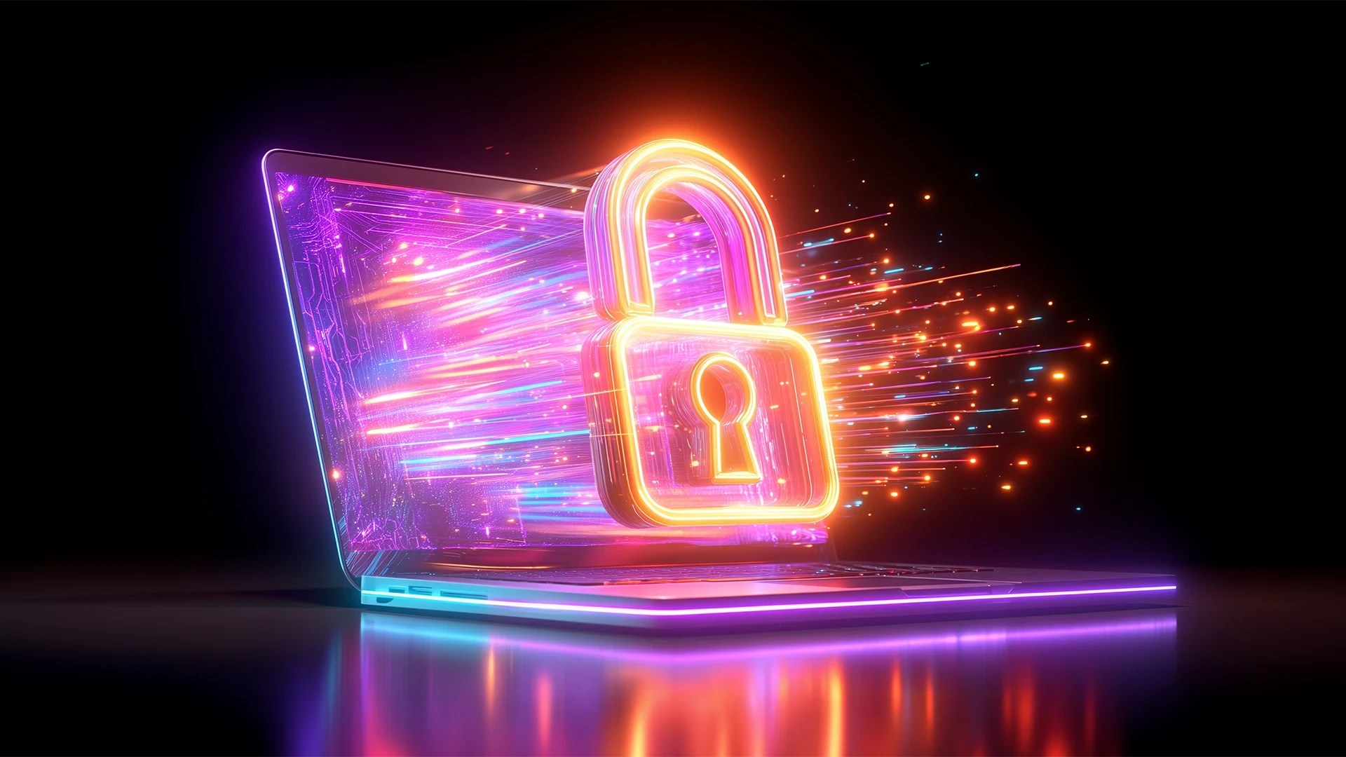 Krótki opis (alt text):  Futurystyczna ilustracja laptopa z neonową kłódką symbolizującą cyberbezpieczeństwo i ochronę danych w systemach cyfrowych.