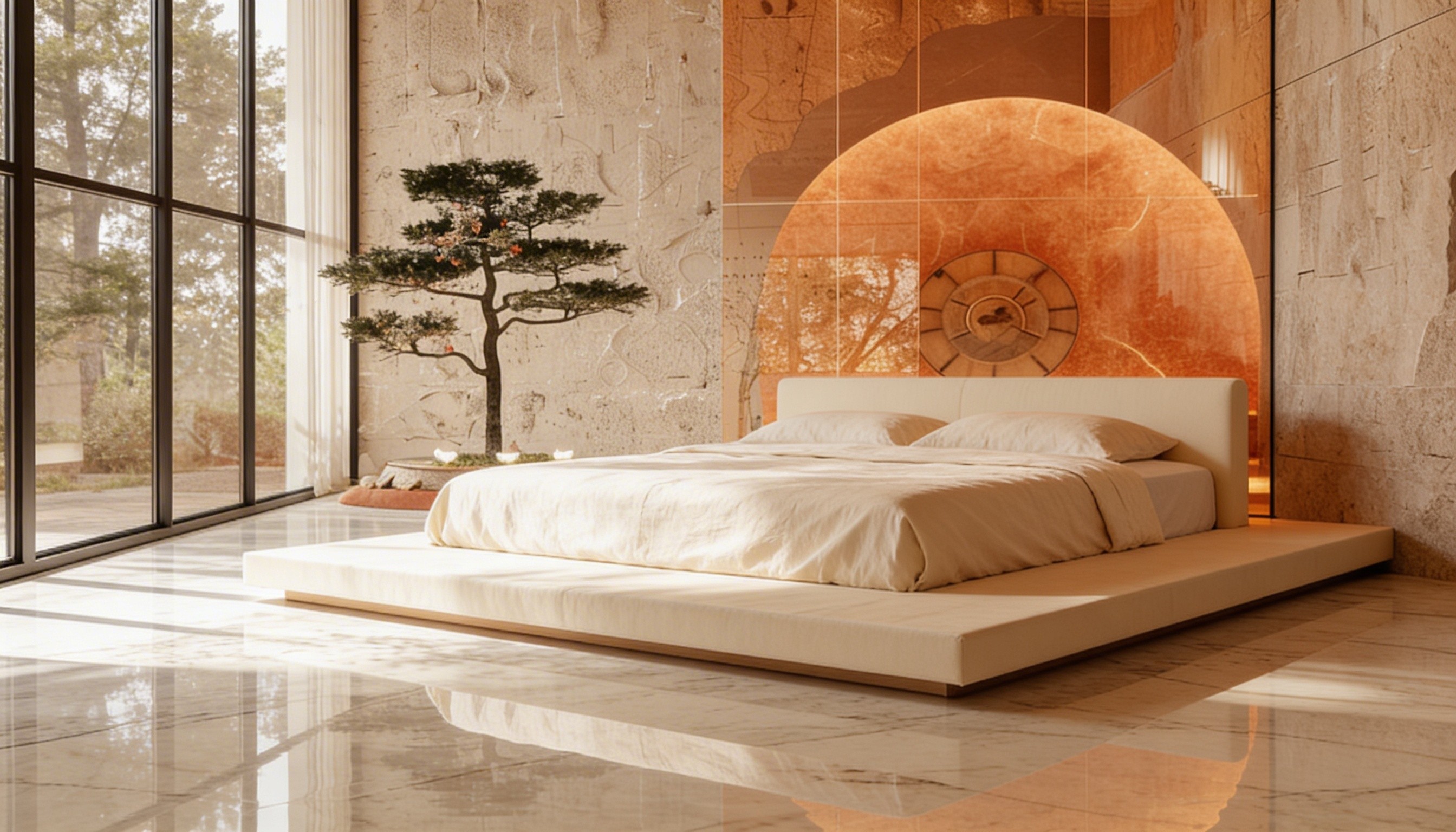 Minimalist platform bed in a warm stone room with sculptural circular wall detail