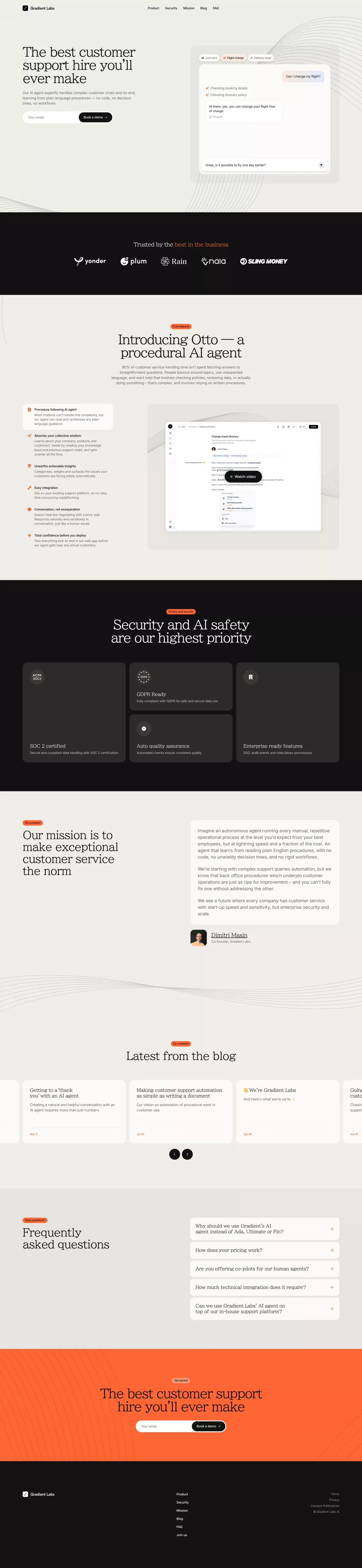 Gradient Labs · The best customer suppor landing page screenshot showcasing AI and Tech design