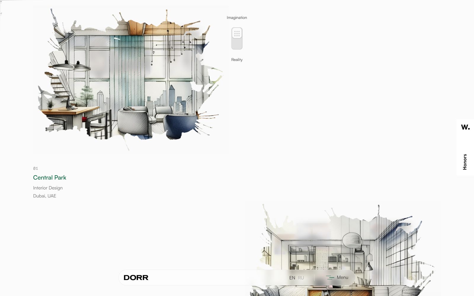 Interior design sketch with chairs, table, and large window. Text: "02 Central Park, Interior Design, Dubai, UAE.