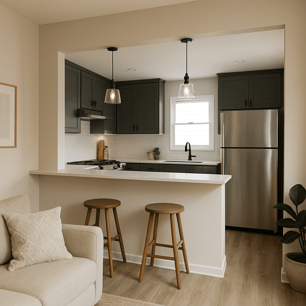 A stylish kitchen separated from the living area by a half-wall with a breakfast bar on top, showing a clear but partial connection
