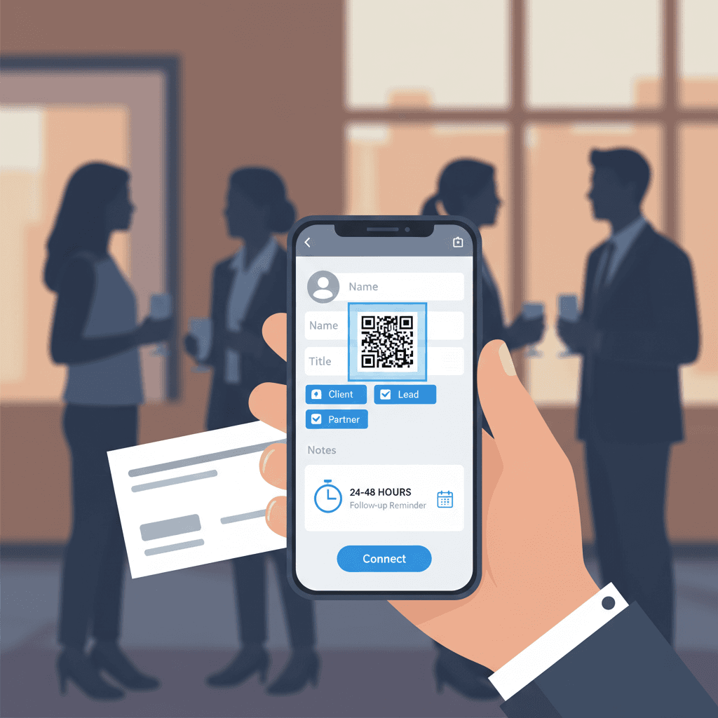 Scanning a business card into a digital contact with notes, reminders, and follow-up leading to a closed deal