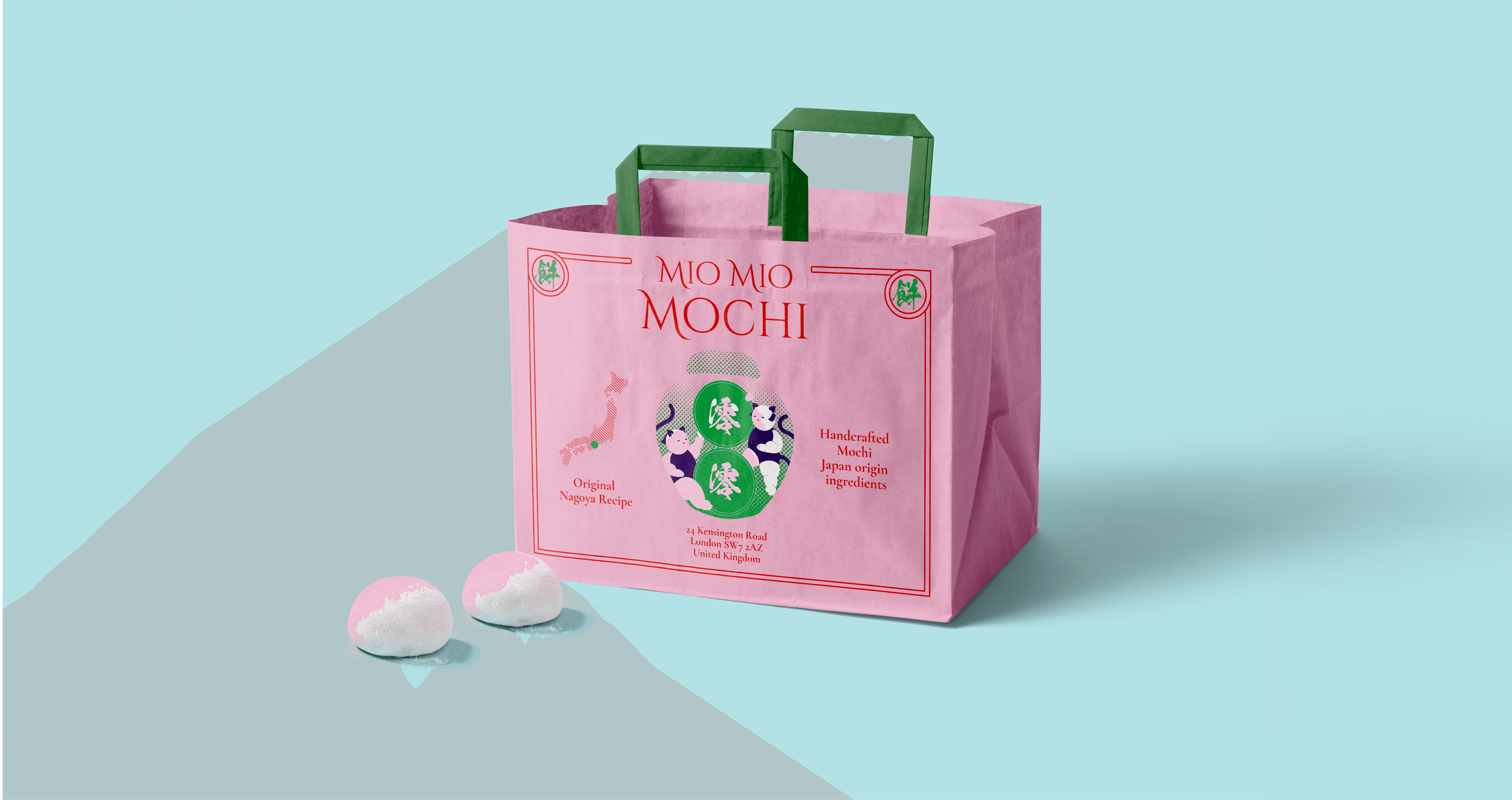 Mio Mio Mochi pink packaging bag with illustrated mascot on a blue background.