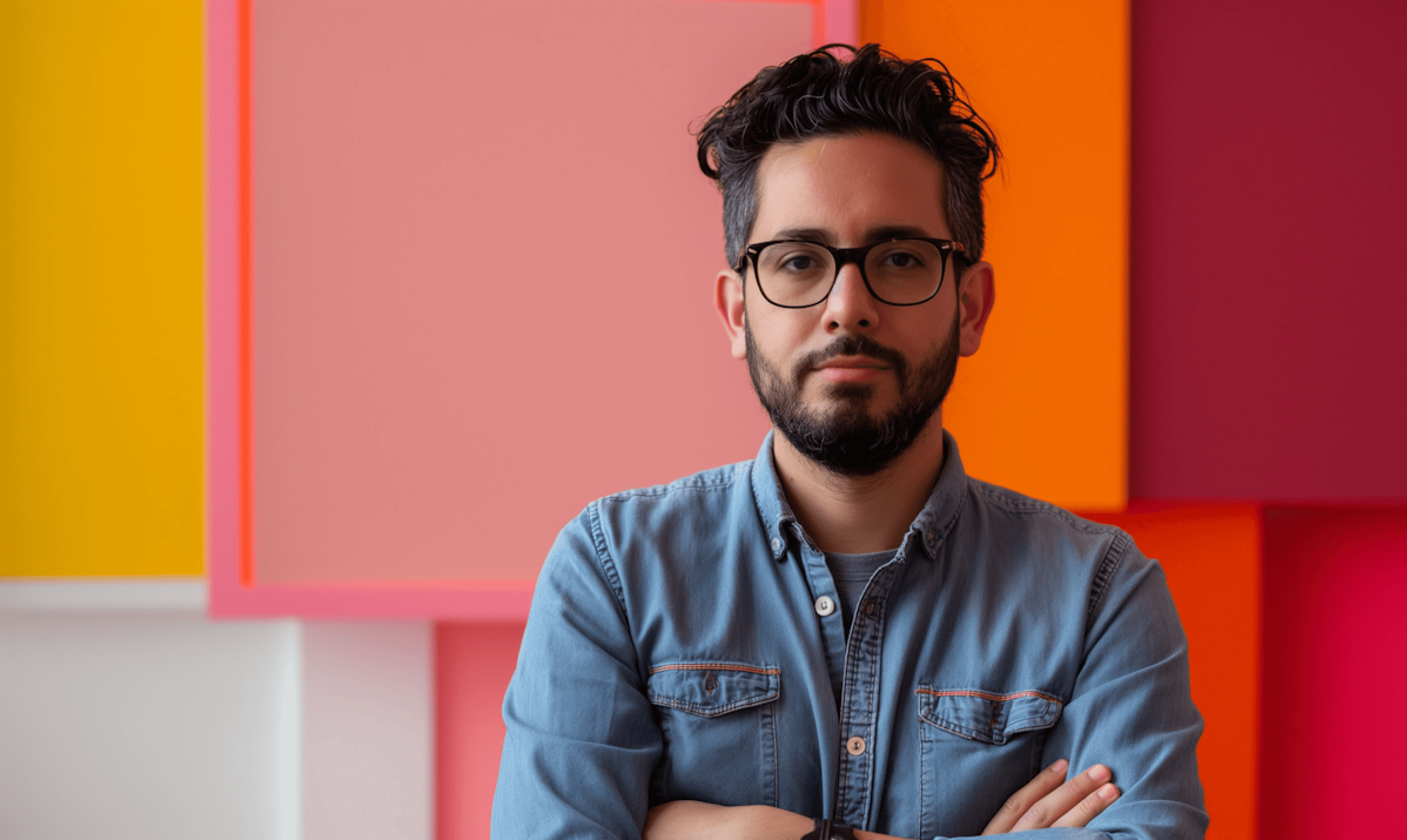 A person with glasses and a beard stands confidently with arms crossed in front of a vibrant, multicolored geometric wall featuring shades of pink, orange, and yellow, wearing a light blue denim shirt.