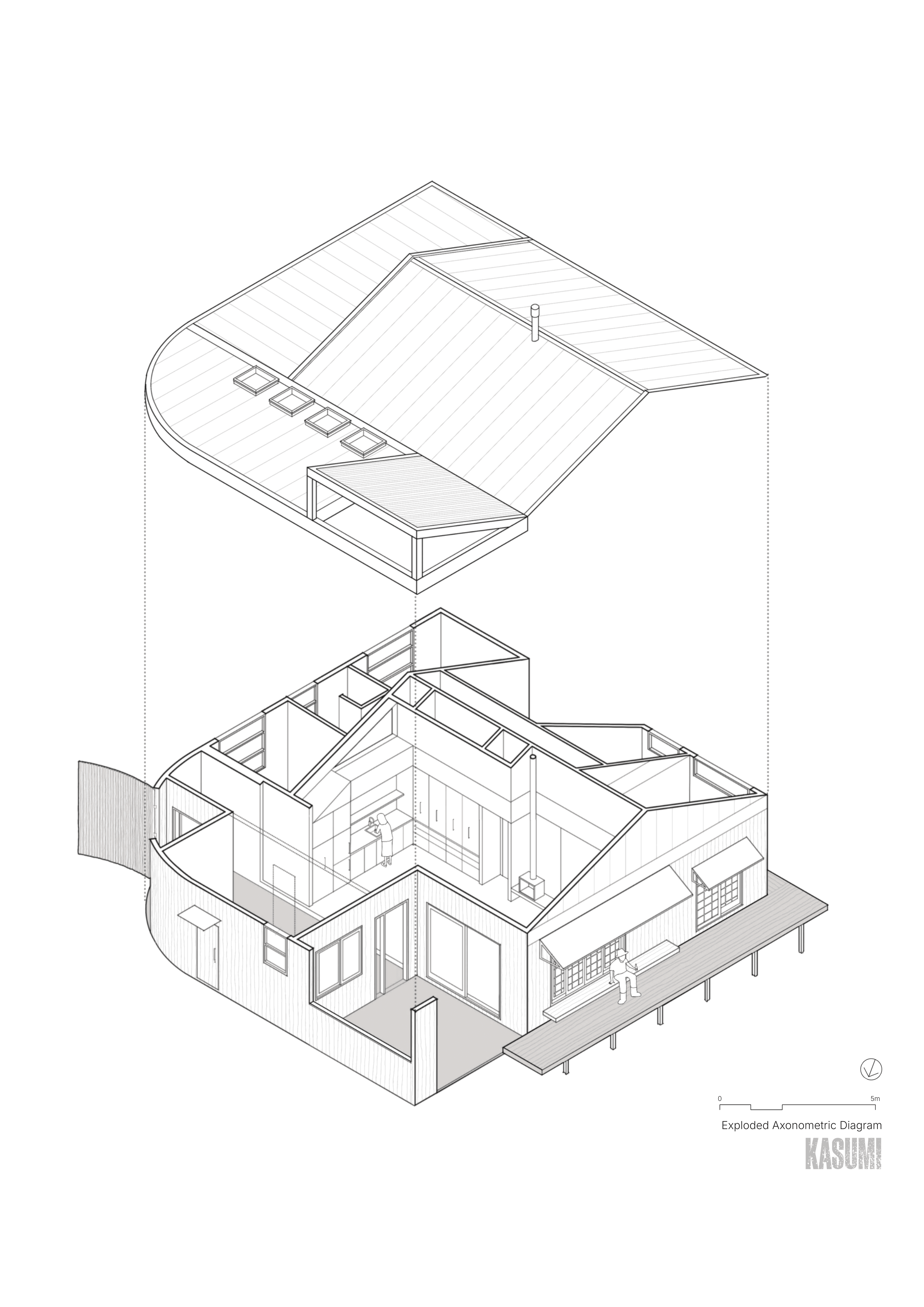 Scent of Wood — exploded axonometric diagram revealing the roof, skylights, walls, and engawa-style deck of a Japanese-inspired residence in the upper Yarra Valley. Designed by Kasumi Architecture.