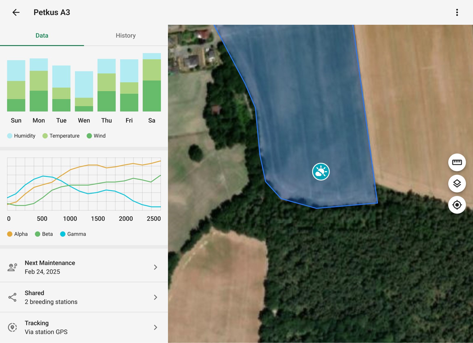 Mockup of the weather sensor page of the KWS Field Explorer mobile app on tablet