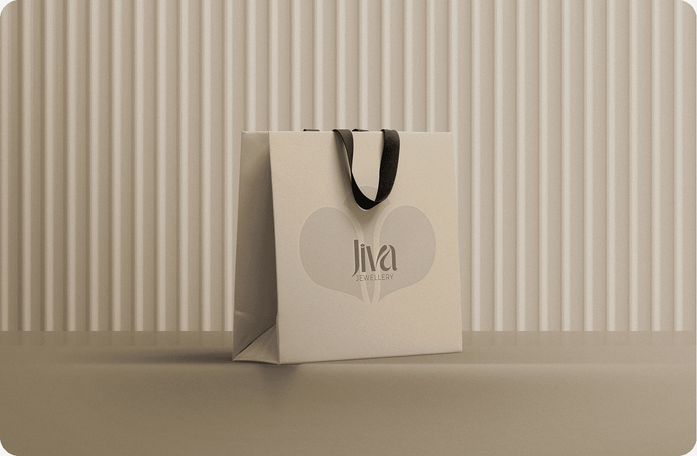 "Elegant Jiva Jewellery branded shopping bag with a minimalist heart design, symbolizing luxury and sophistication in jewelry packaging. Ideal for e-commerce branding, retail marketing, and premium jewelry presentation."