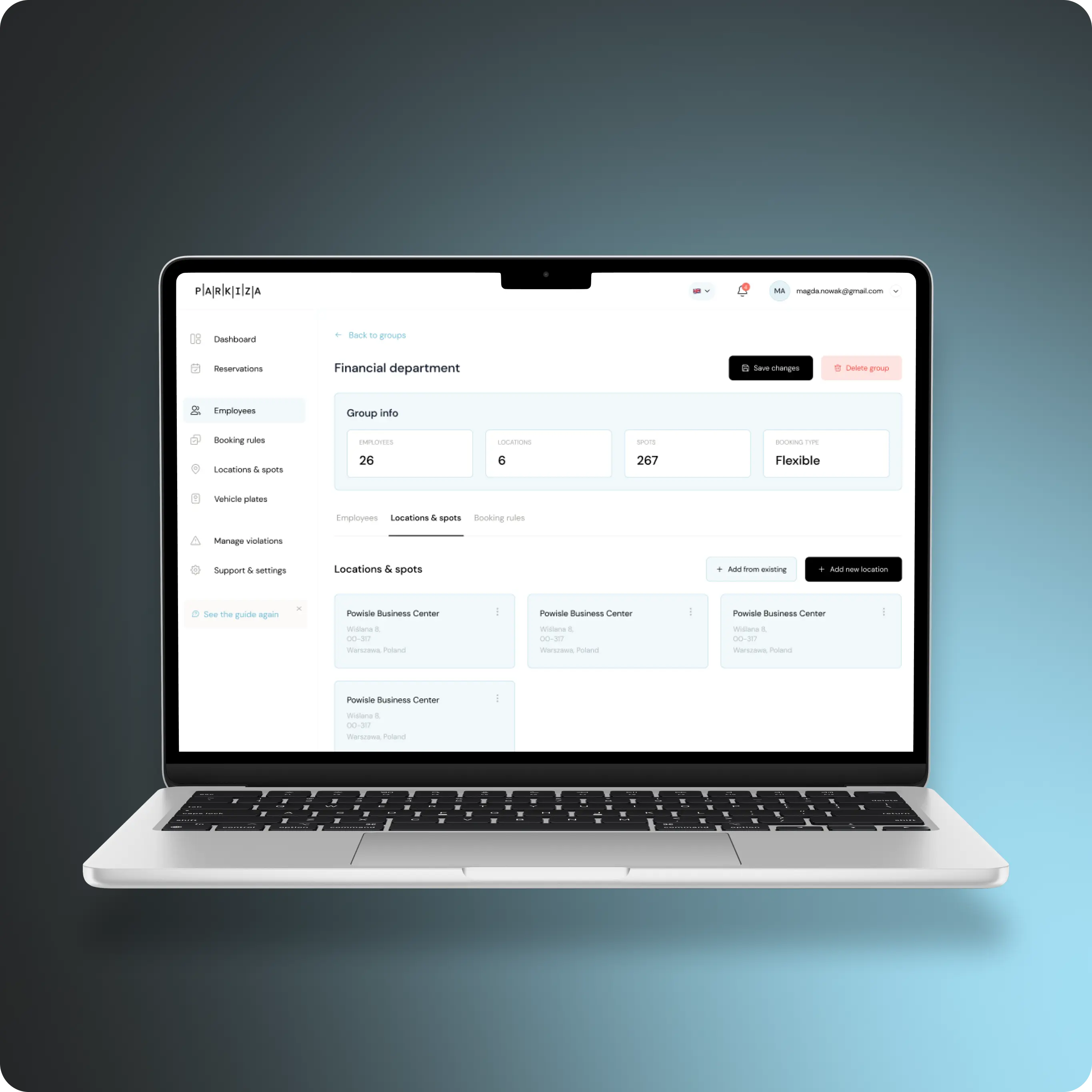 Open laptop displaying the 'Financial Department' section of the Parkiza app. The screen shows:  The 'Group Info' panel with details: 26 employees, 6 locations, 267 spots, and booking type 'Flexible'. Tabs for Employees, Locations & spots, and Booking rules. The 'Locations & spots' tab is active, listing several entries for 'Powiśle Business Center' with address details in Warsaw, Poland. Buttons for 'Add from existing' and 'Add new location'. The left sidebar menu includes options for Dashboard, Reservations, Employees, Booking rules, Locations & spots, Vehicle plates, Manage violations, and Support & settings.