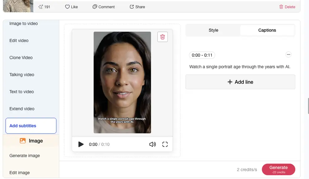 APOB AI Captions panel showing an editable subtitle line with timing controls and a Generate button