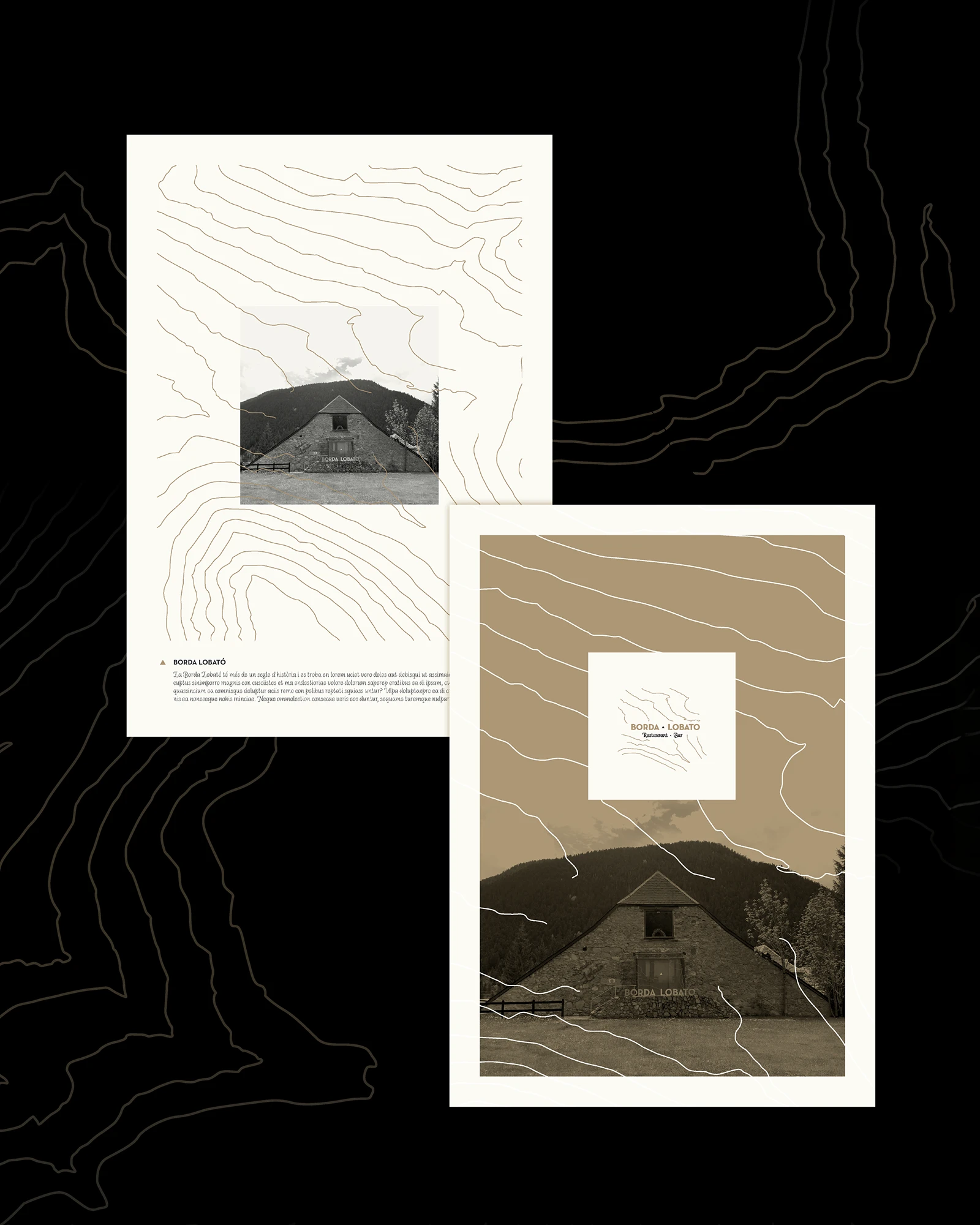 Borda Lobato printed brochures with photographs of a mountain hut, brand identity design by Sebastian Saavedra
