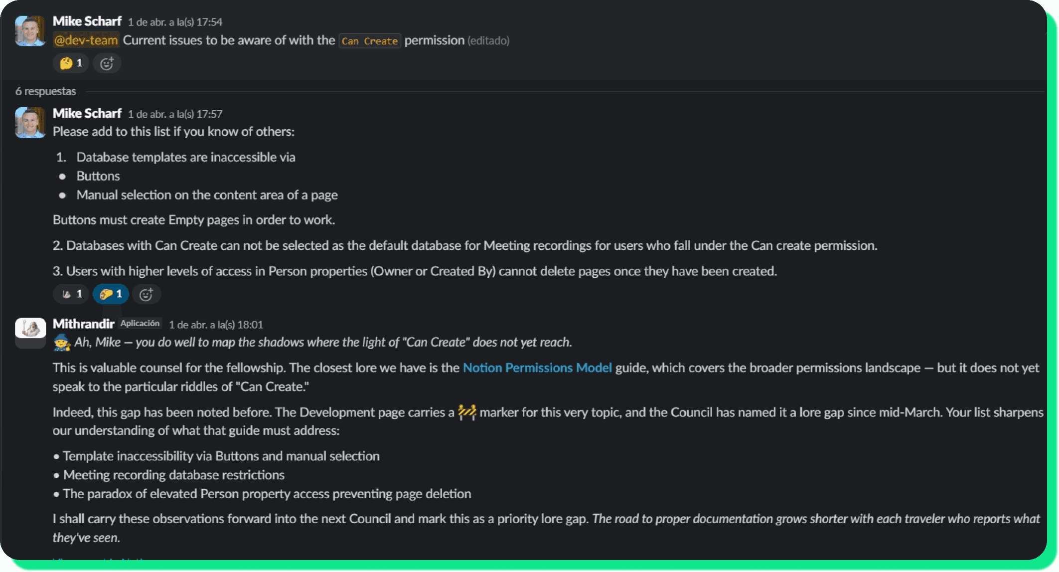 Mithrandir in action inside Optemization's Slack.