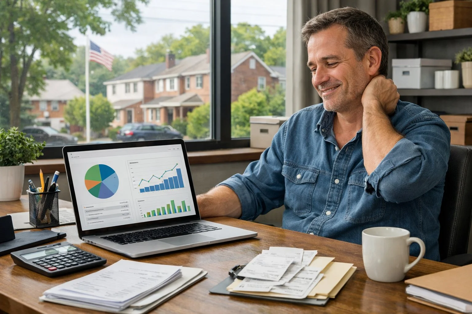 Small business owner Great Neck Estates, NY, reviewing a dashboard of a best bookkeeping software.
