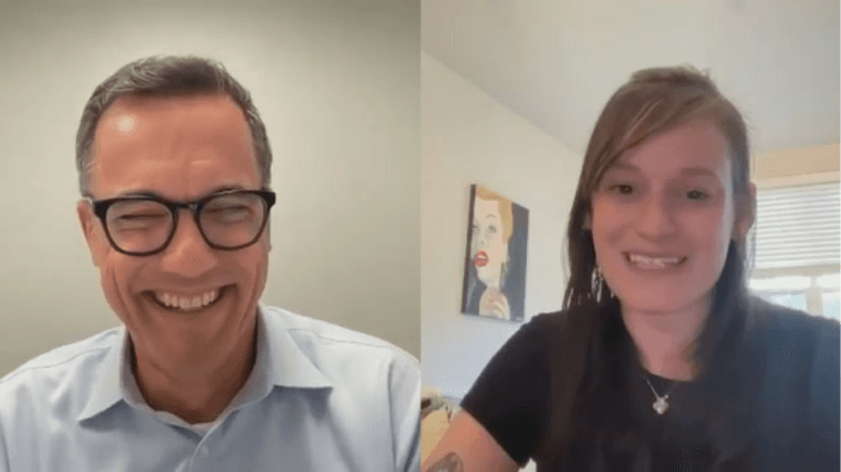 Jay Wright and Emily Sitnikova are shown side-by-side, both smiling during an interview