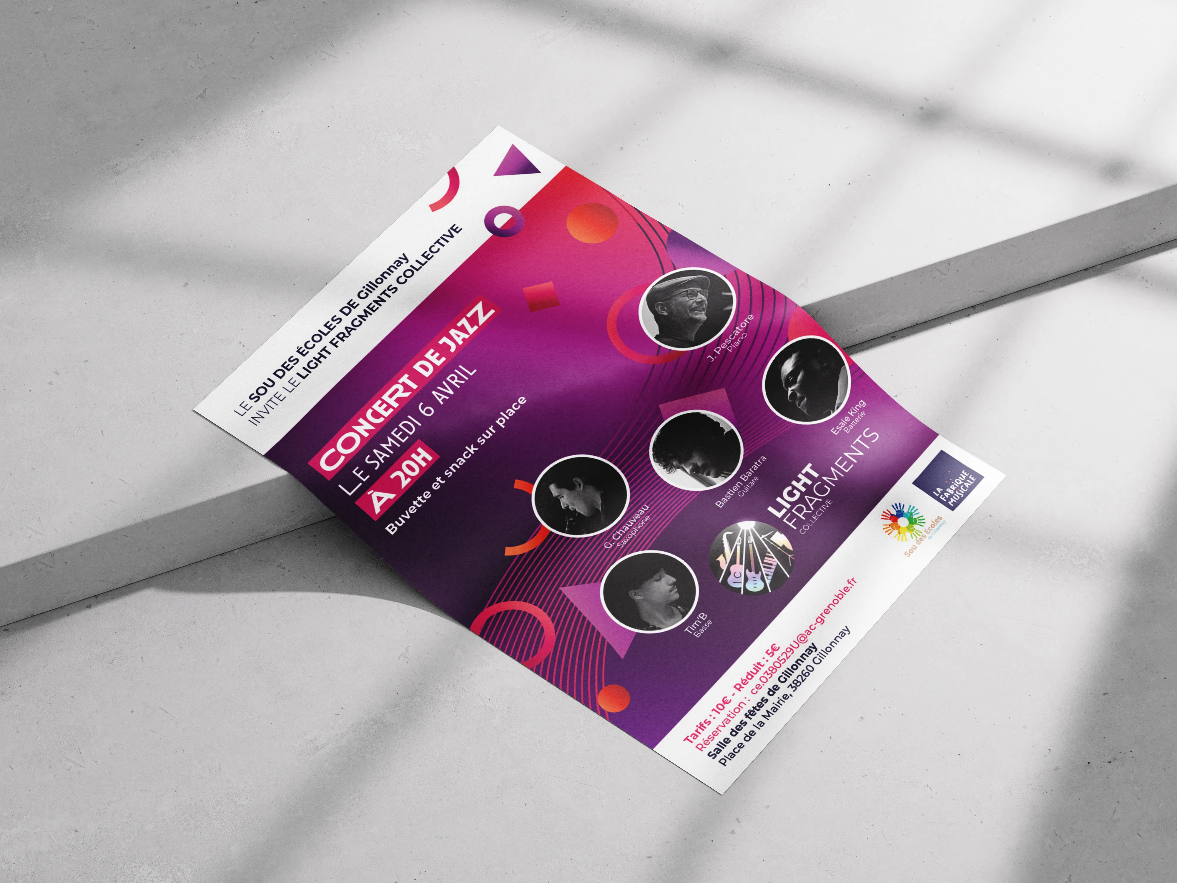 Mockup de l'affiche réalisée pour un concert du groupe de musique jazz fusion le Light Fragments Collective.