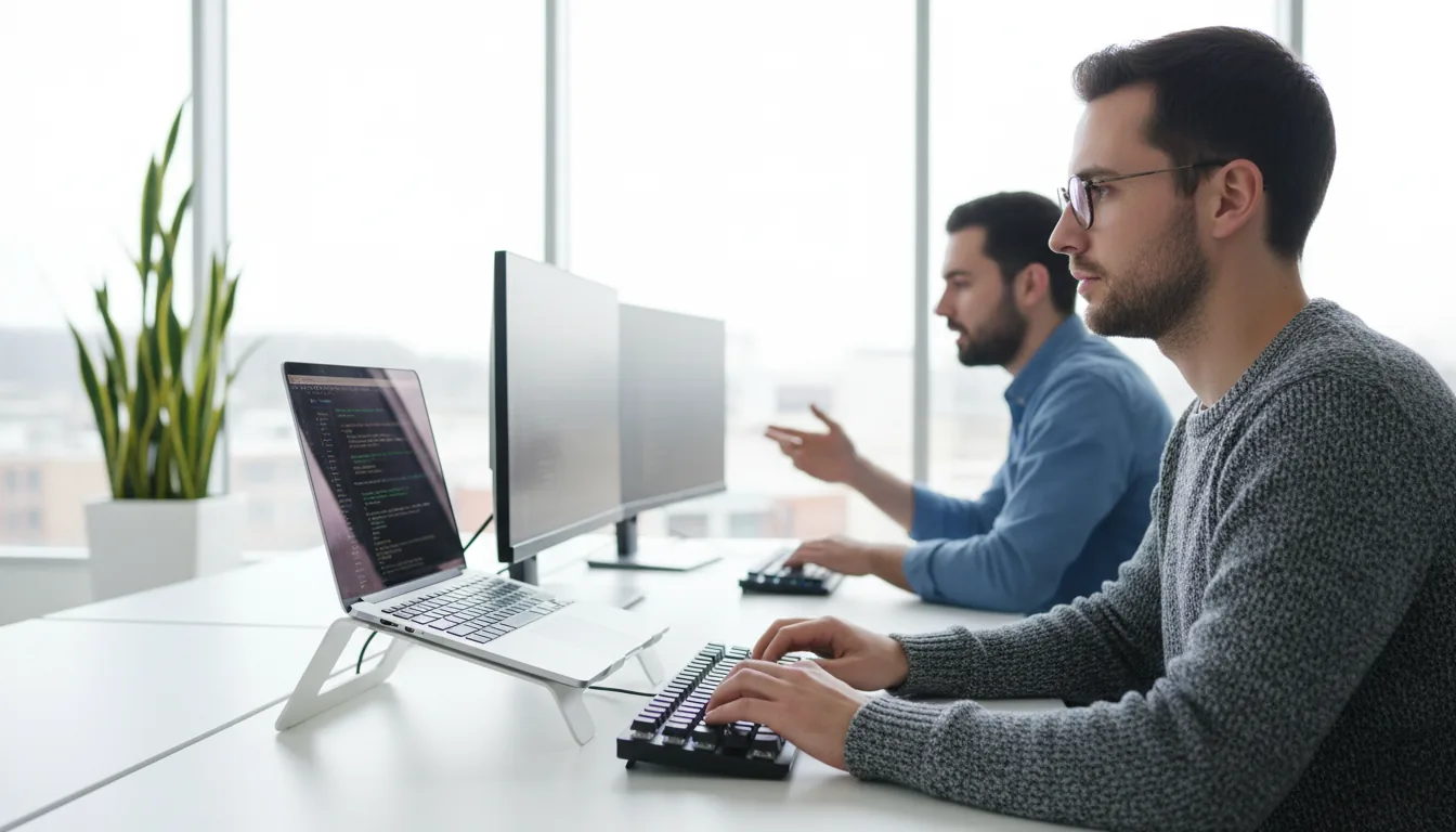 DSLR photography of two male software developers working side-by-side at a long white desk in a modern office. The man in the foreground is in sharp profile focus, wearing glasses and a grey marled sweater, intently typing on an external keyboard. His workstation features a silver laptop on an angled stand displaying a dark mode code editor with abstract text lines. The second developer sits further back and is slightly out of focus, creating a shallow depth of field. The scene is brightly illuminated by natural daylight from large windows in the background, with a potted snake plant adding a touch of green.