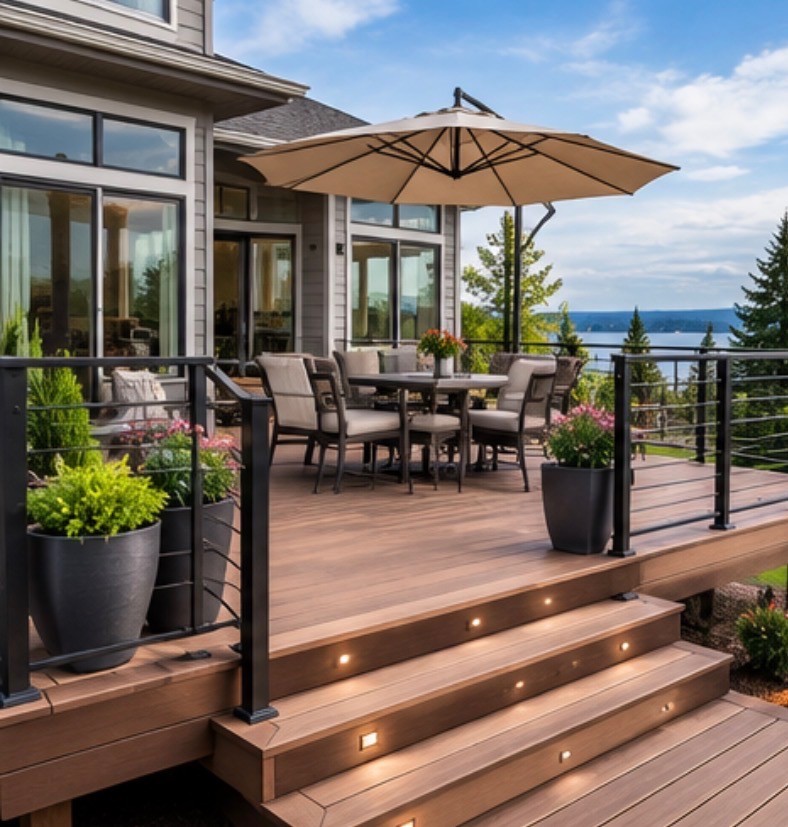 Finished backyard deck with seating and railing