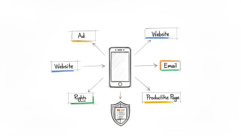 A diagram illustrating a smartphone connected to various digital marketing channels, content rights, and a security shield.