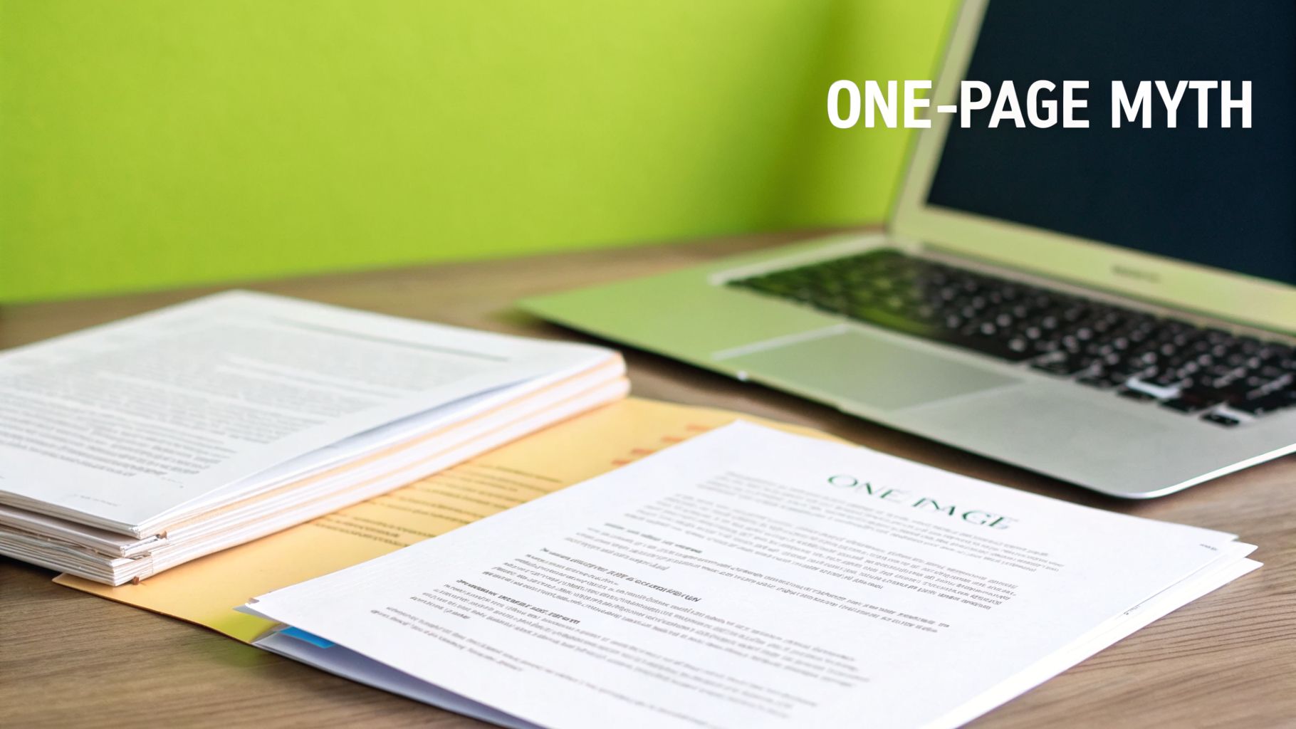 A desk setup with stacked documents, an open laptop, and 'ONE-PAGE MYTH' text.