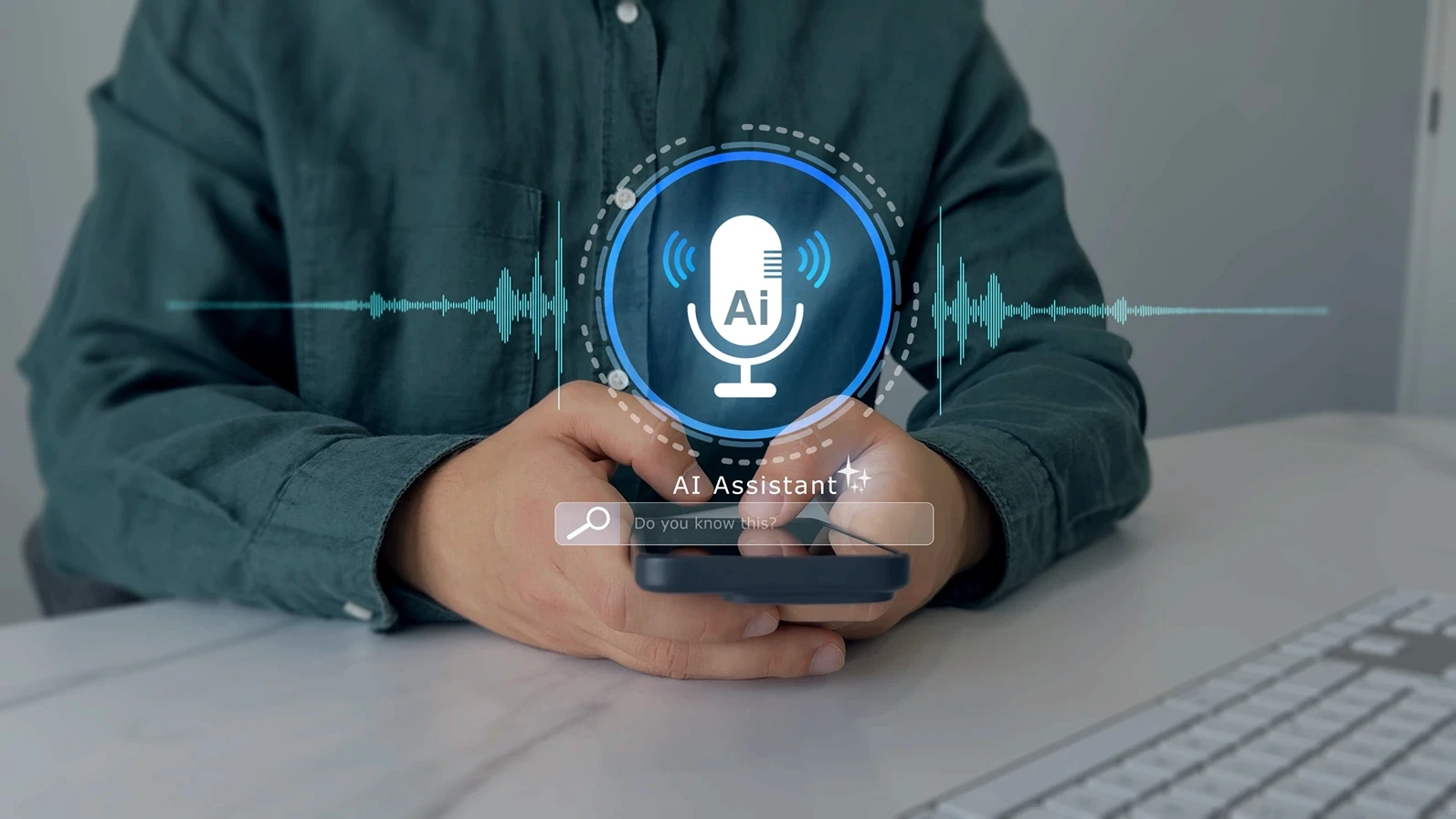 AI assistant voice chat interface.Person interacting through microphone with AI voice chat. Digital communication, speech recognition, and smart technology enabling natural conversation.