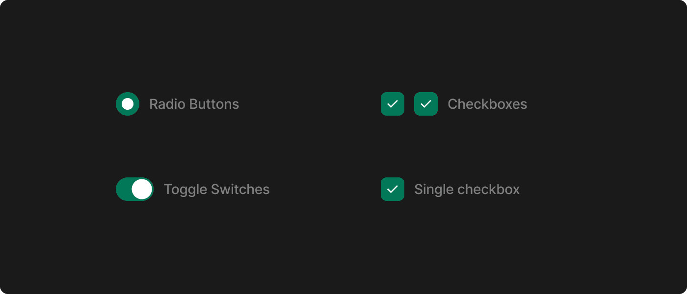 Radio button verde com seleção branca, checkboxes verdes com ícone branco, toggle verde ativo