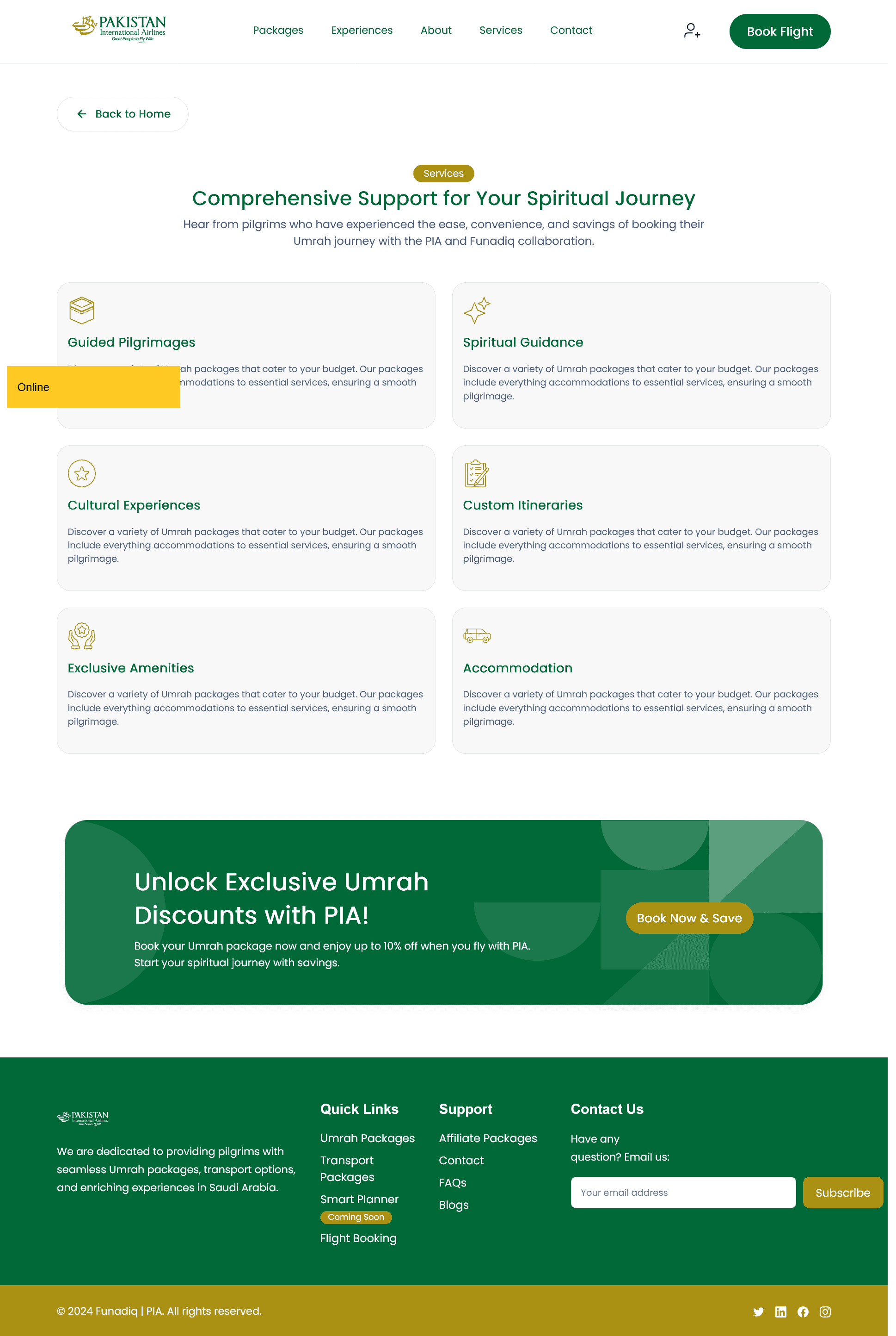 Services - Umrah PIA travel agency website designed by Dreams Agency, Mississauga, Ontario.
