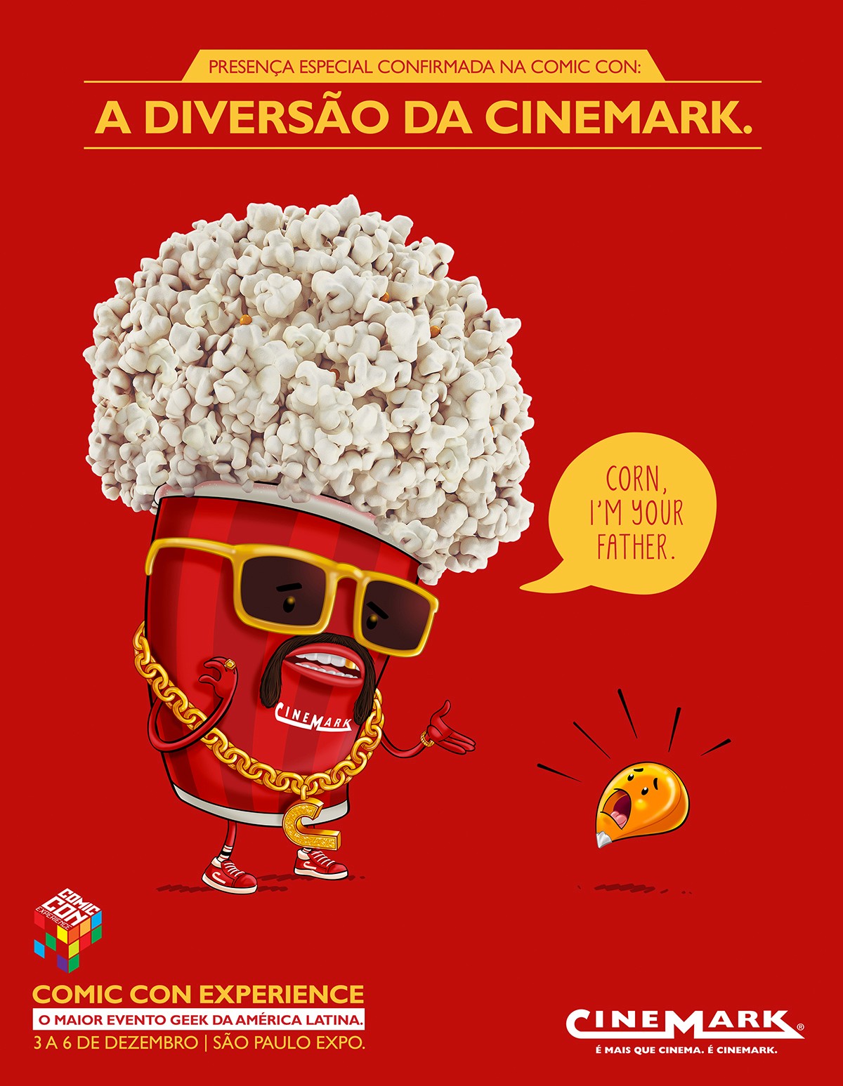 MC Popcorn, mascot of Cinemark, talks to a corn kernel while recreating a famous line from Star Wars: Episode V: The Empire Strikes Back.