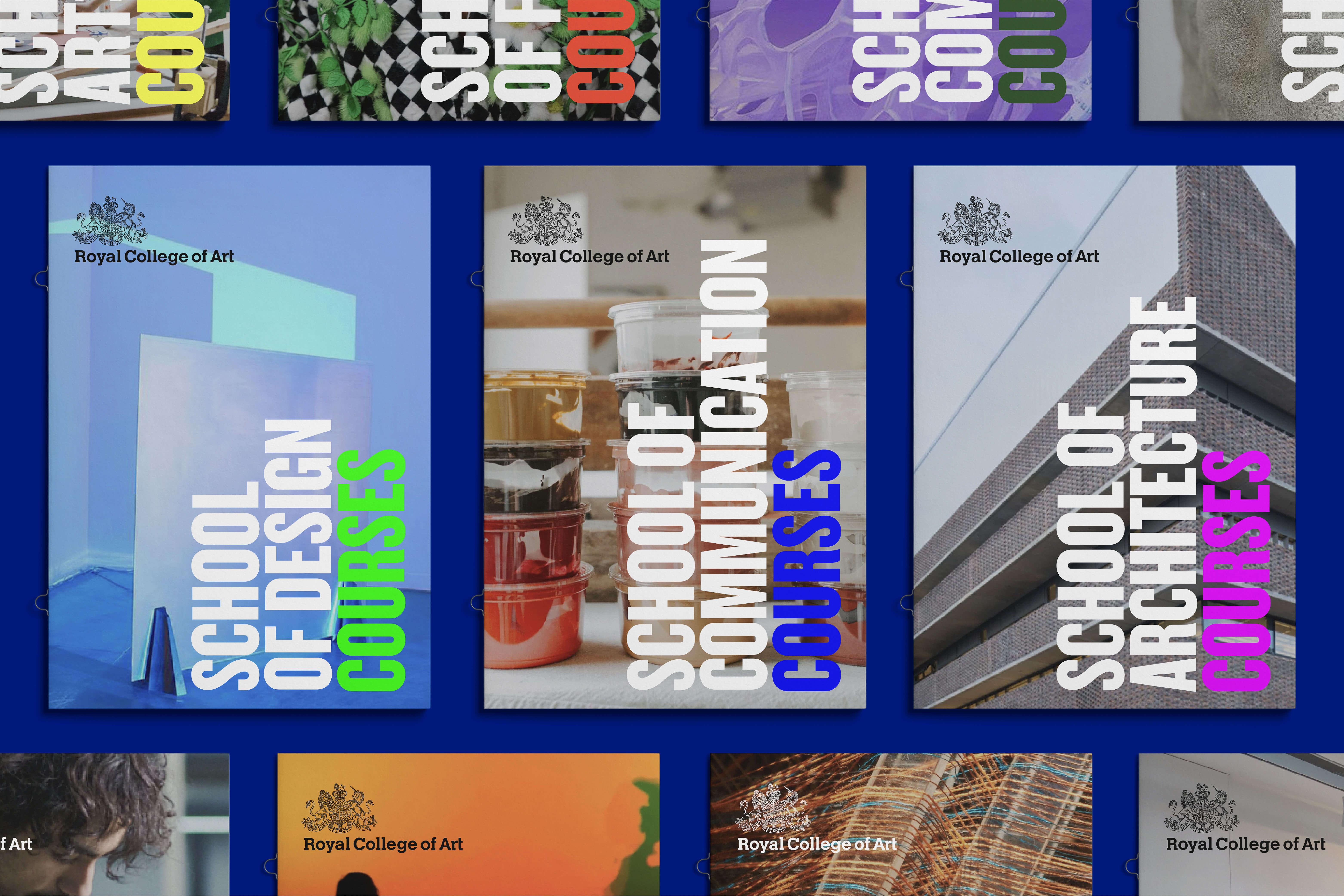 Collage of colorful posters featuring geometric designs and text against a vibrant blue background.