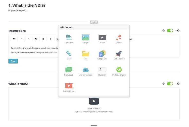 The Wyzed module builder, adding text, video, files, questions and quizzes to a module