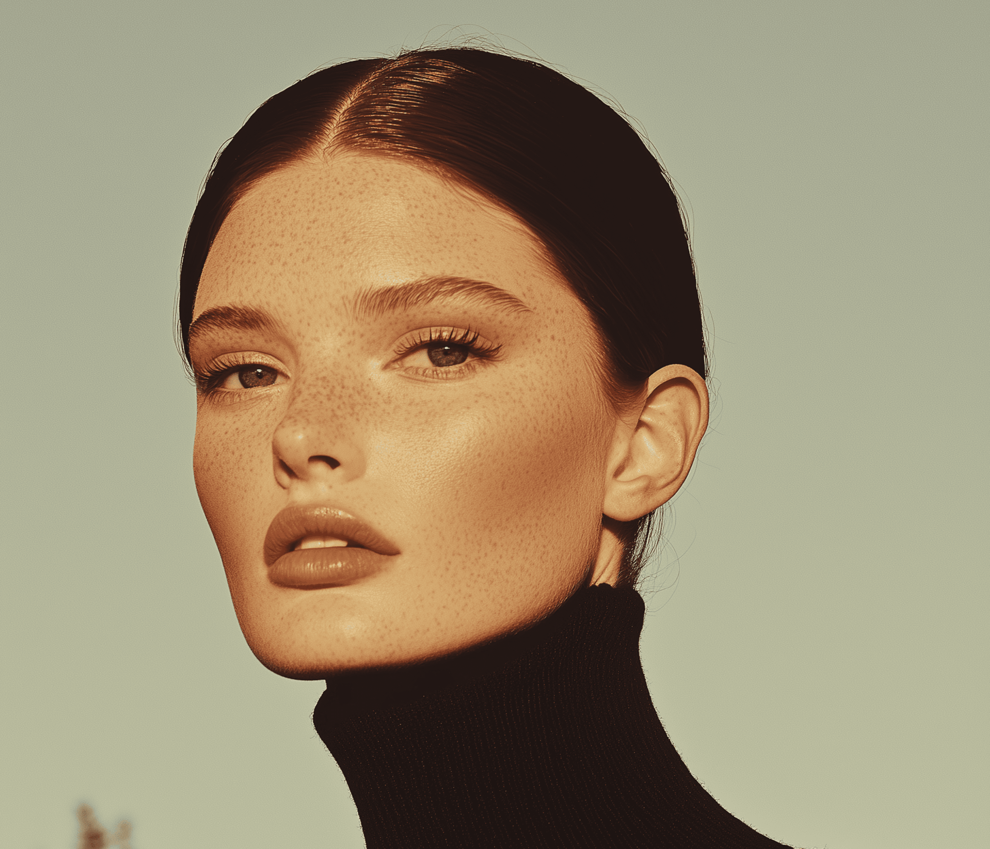 Woman with freckles and a black turtleneck.