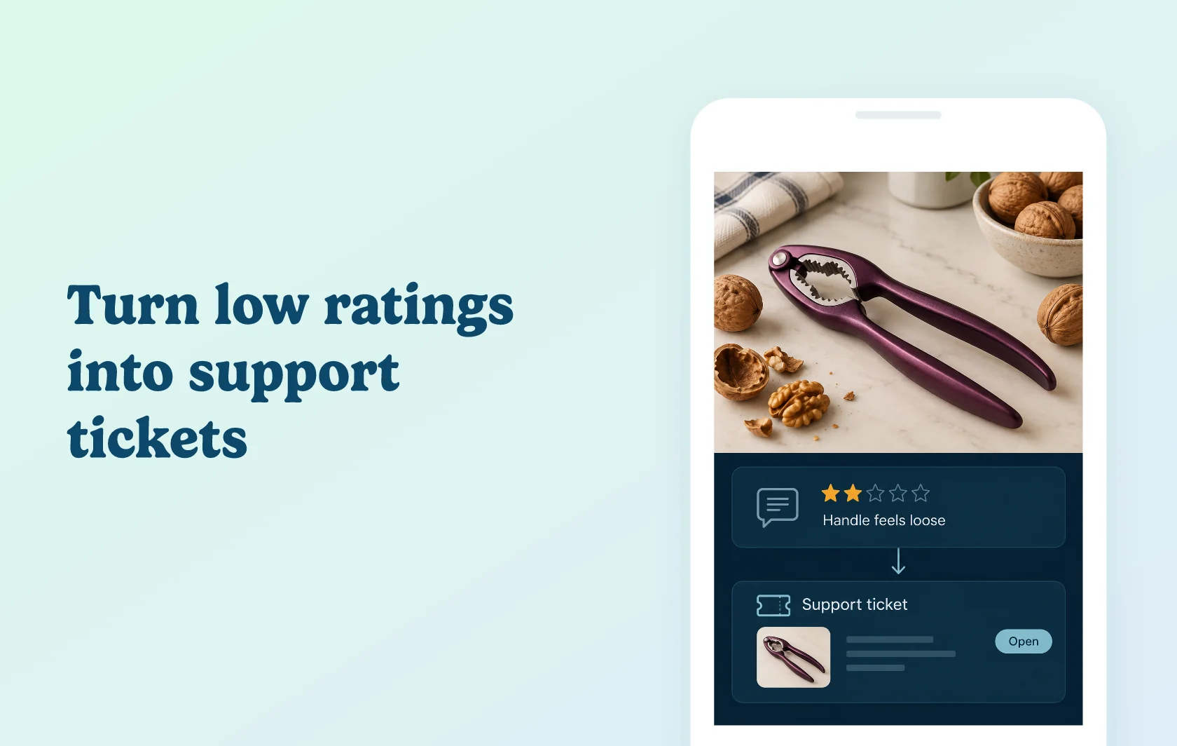 Judge.me and Zapier integration: illustration of a low-rated nutcracker review linked to an open support ticket inside a phone.