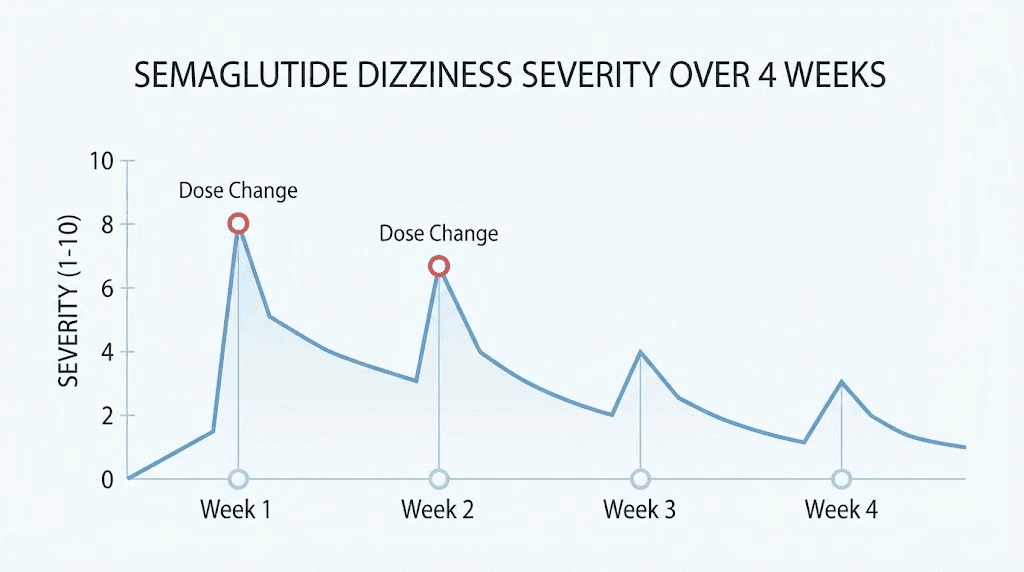Semaglutide dizziness timeline showing peak severity after dose changes and gradual improvement
