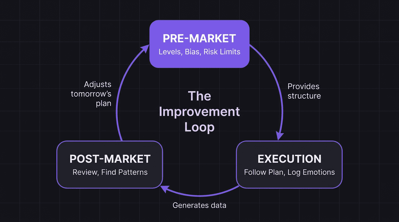 Diagram showing the trading day feedback loop with three phases connected in a circle