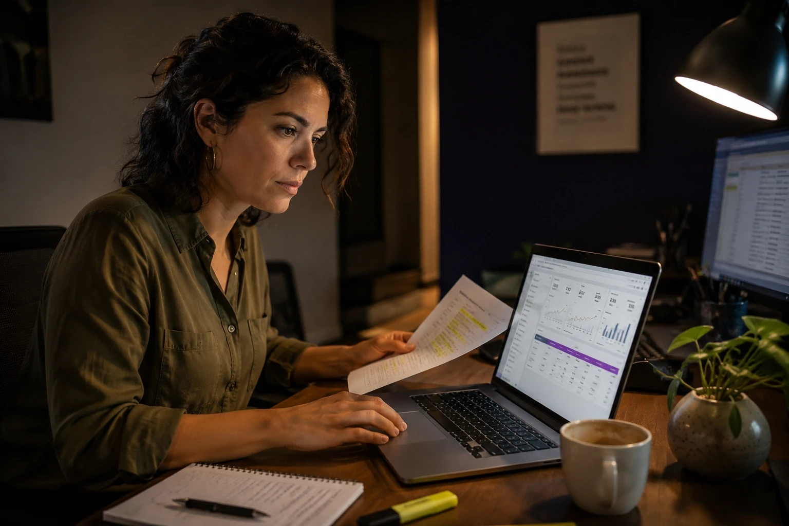 Gestora de marketing brasileira analisando relatório de Google Ads no notebook à noite, com dashboard de campanha e papel impresso na mão, tentando entender por que o CPL está alto