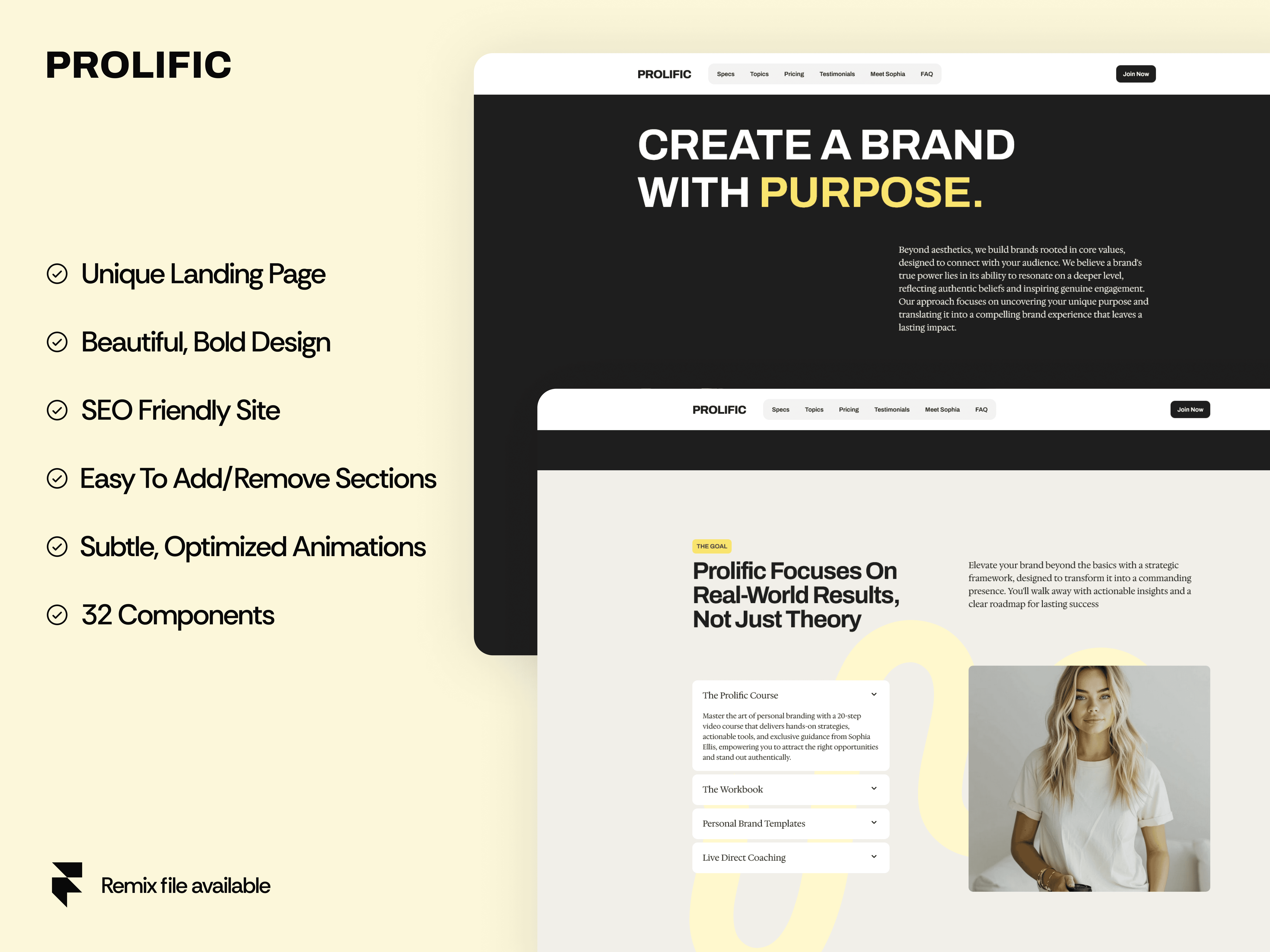 Prolific Framer template feature list showing unique landing page, bold design, SEO-friendly site, 32 components, and subtle animations — with a dark inner page preview