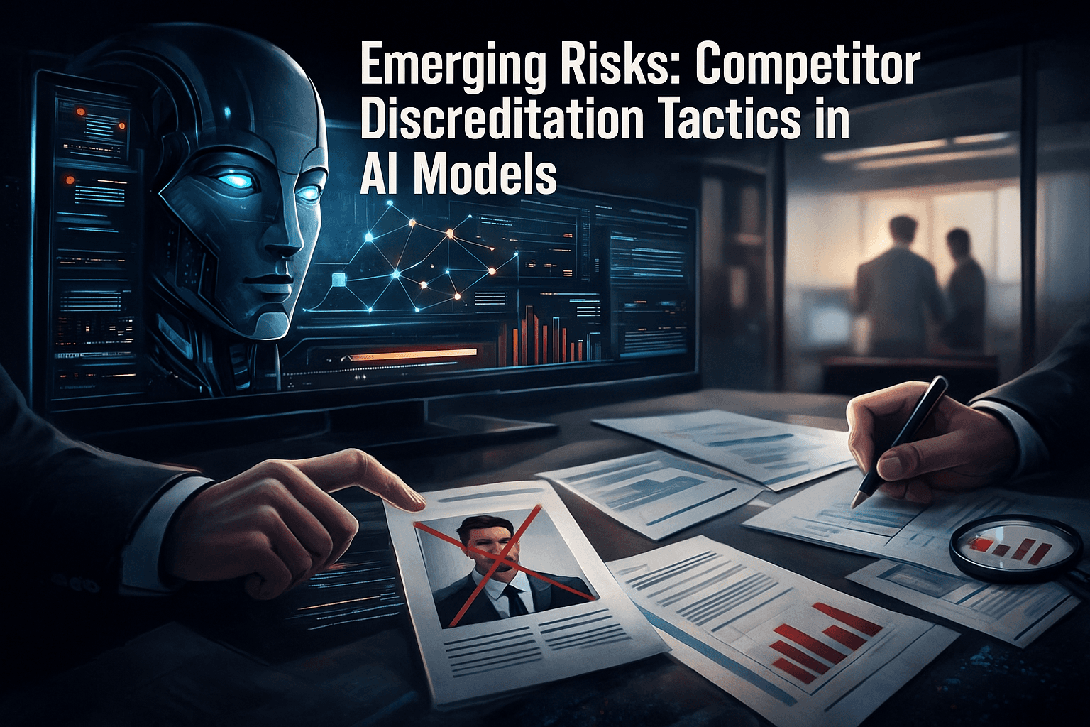 Futuristic office scene showing an AI system analyzing data while a person manipulates documents to discredit a competitor, illustrating the risk of competitor discreditation tactics in AI models.