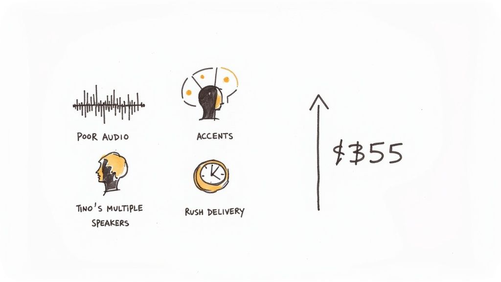 Illustrates factors that increase transcription service costs: poor audio, accents, multiple speakers, rush delivery, and a higher price.