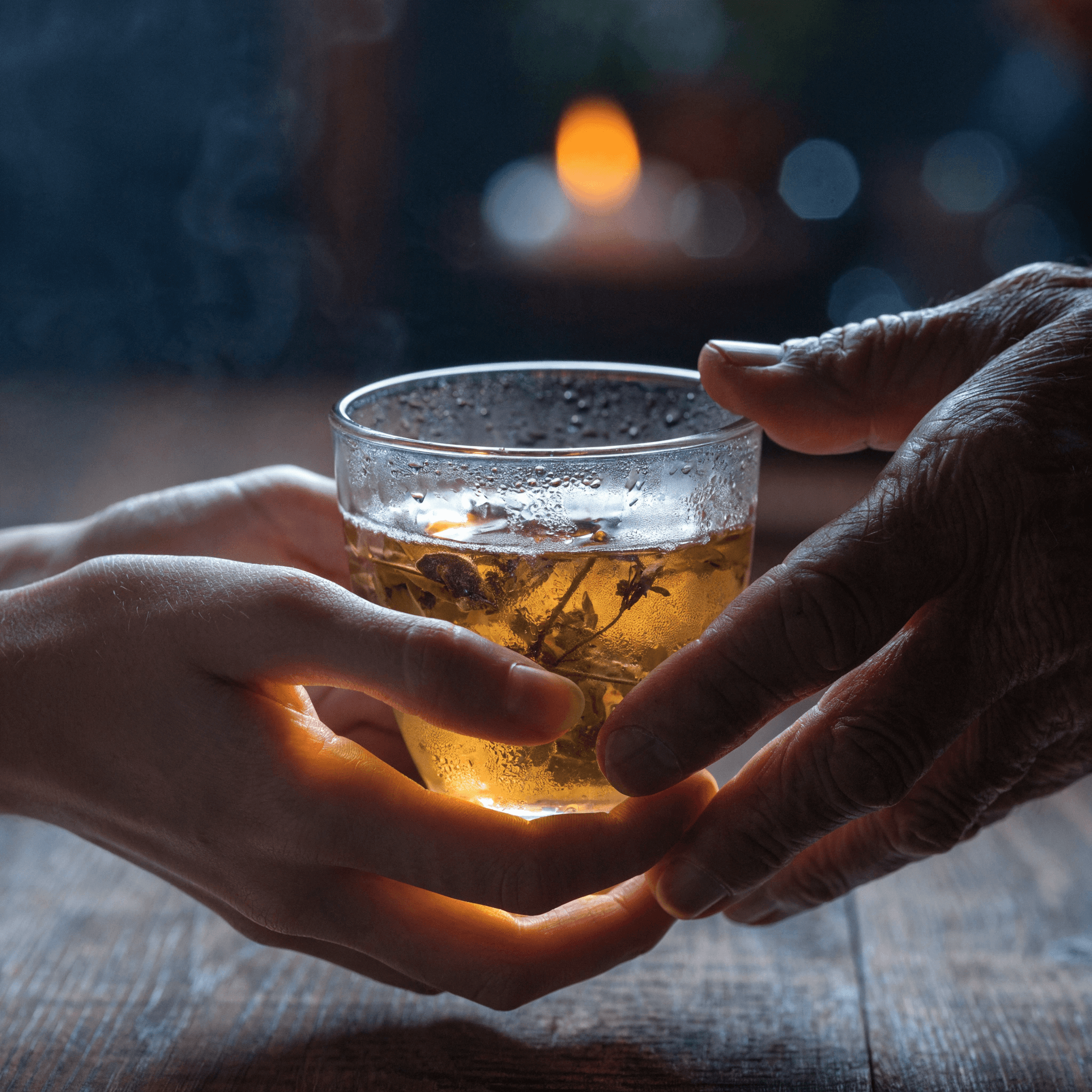 A realistic macro photograph of two hands—one younger, one older and weathered—holding a warm cup of herbal tea together over a rustic wooden table.