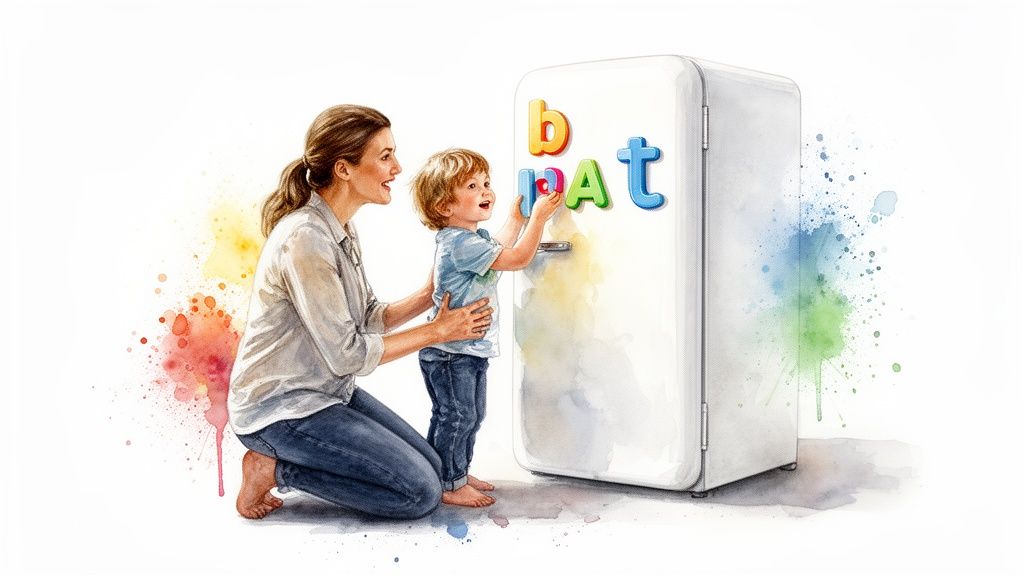 A mother and child happily place colorful magnetic letters on a white refrigerator, learning to spell.