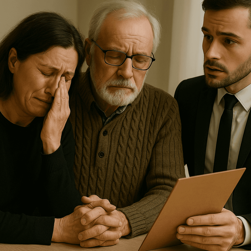 An old couple grieving with a property agent