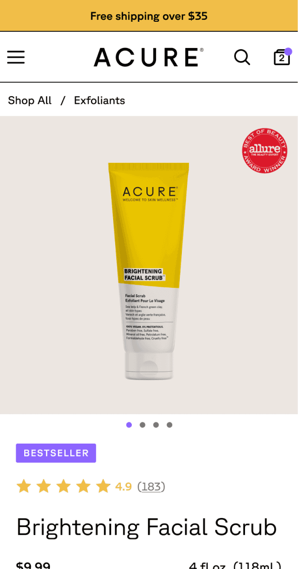 Mobile product detail page with pricing, reviews and add to cart