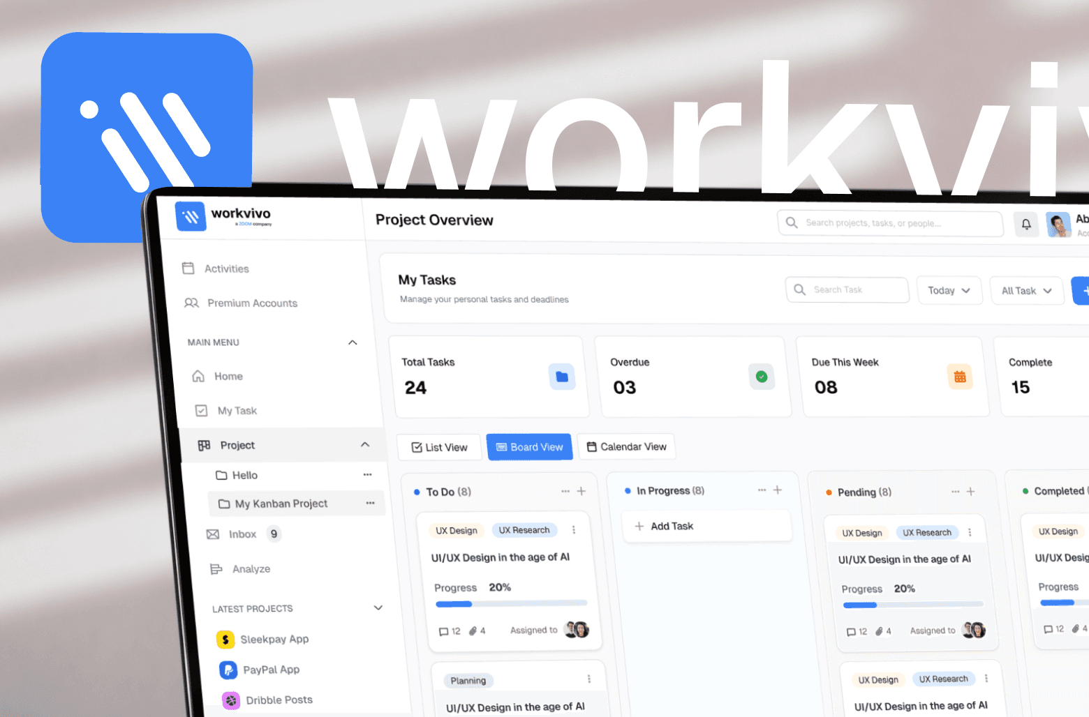 Workvivo project management dashboard showing tasks, kanban board, and project overview